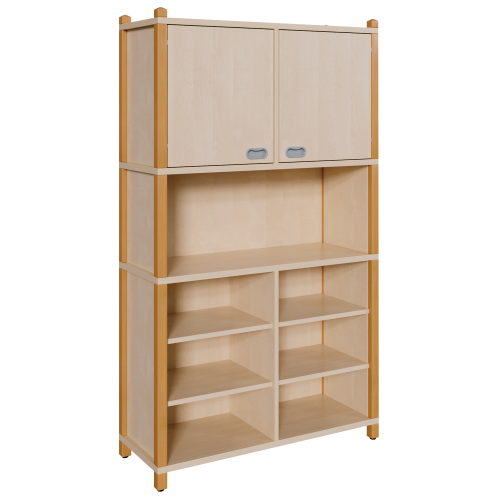 Stollen-Kombischrank mit oberer Doppeltür und unterem Regalteil B/H/T: 106x180x40 cm, oben 2 Türen mit Einlegeböden und Mittelwand, unten Regalfächer, Mitte mit großem offenen Fach
