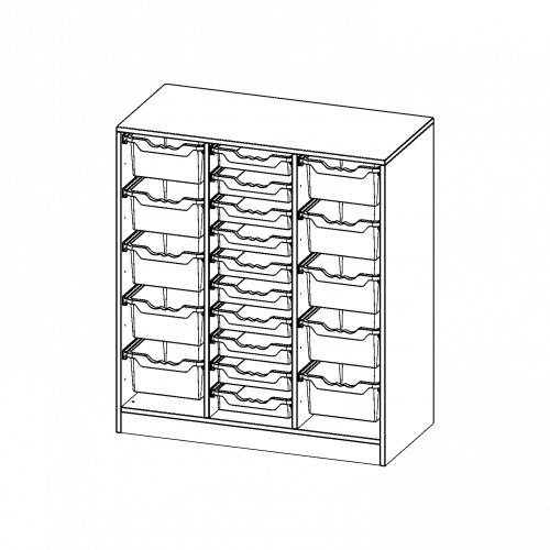 ErgoTray Regal, dreireihig, 3 Ordnerhöhen - evo180 Serie B/H/T: 104,5x118x50 cm, mit Sockel (81 mm), rechts und links je 5 hohe, in der Mitte 10 flache ErgoTray Boxen