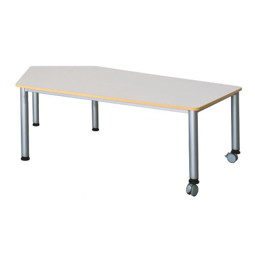 Fahrbarer Fünfecktisch mit Melaminharzbeschichtung B/T: 185x104 cm, wählbare Höhe, melaminharzbeschichtete Spanplatte, Stahlzargengestell und Rundrohr-Füße Ø 60, Fünfecktisch groß