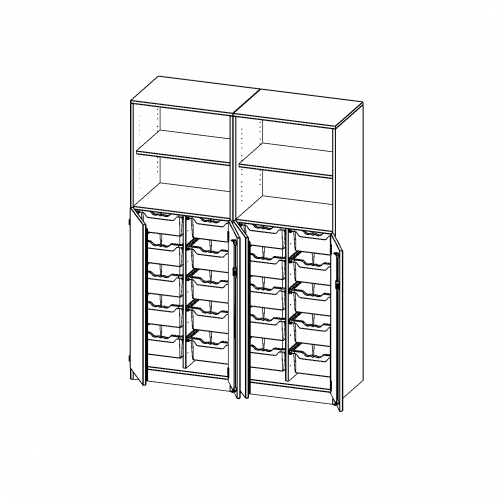 ErgoTray Kombi-Schrank, vierreihig, zweiteilig, 5 Ordnerhöhen - evo180 Serie B/H/T: 140,6x190x50 cm, unten 3 OH Türen und 20 hohe ErgoTray Boxen, oben 2 OH Regal, mit Sockel (81 mm), mit Mittelwand