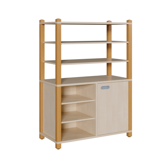 Stollen-Schrank mit einseitiger Tür und 3 offenen Fächern, hoher offener Regalaufsatz B/H/T: 106x160x40 cm, Tür rechts, Regal links, 6 Einlegeböden hoher Regalaufsatz mit 3 Fächern