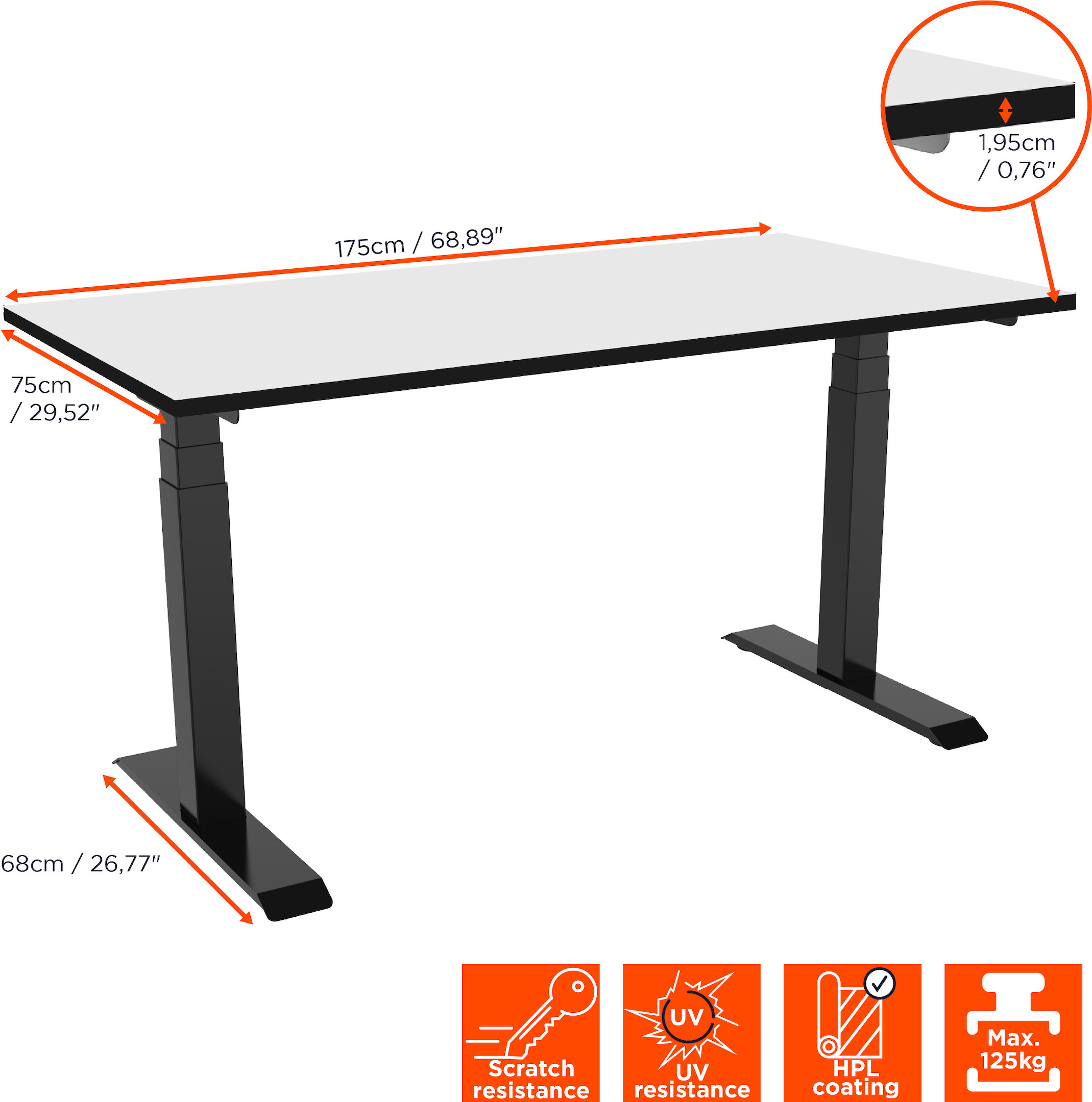 celexon elektrisch höhenverstellbarer Schreibtisch Professional eAdjust-58123 - schwarz, inkl. HPL Tischplatte 175 x 75 cm