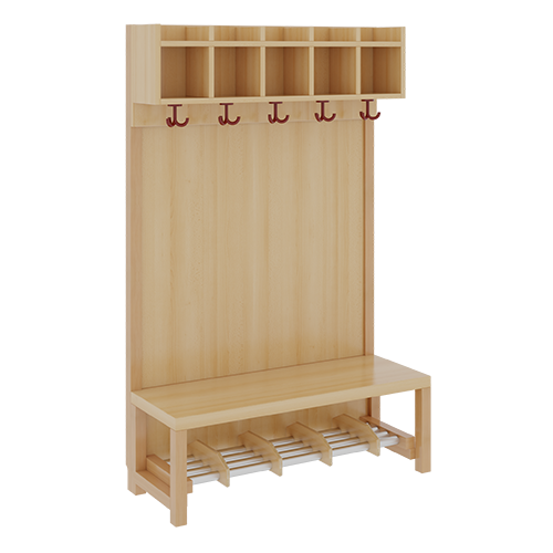 Komplettgarderobe mit einfacher Ablagereihe B/H/T: 100x130x39 cm, 5 Plätze, Sitzhöhe 26 cm, Stütze mit Paneelrückwand, Alurohr-Schuhrost mit Trennungen