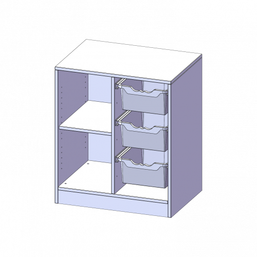 ErgoTray Regal, zweireihig, 2 Ordnerhöhen - evo180 Serie B/H/T: 70,3x82x50 cm, mit Sockel (81 mm), links 2 Fächer, rechts 3 hohe ErgoTray Boxen