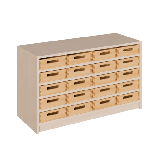 Korpus-Regal mit flachen Materialkästen B/H/T: 102x60x40 cm mit 20 Massivholz-Kästen