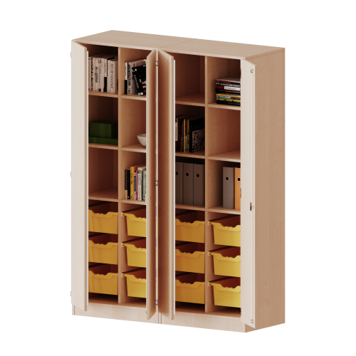 ErgoTray Schrank, zweiteilig, vierreihig, 5 Ordnerhöhen - evo180 Serie B/H/T: 140,6x190x50 cm, viertürig, zweiteilig, mit Sockel (81 mm), mit 2 Mittelwänden, mit 12 hohen ErgoTray Boxen