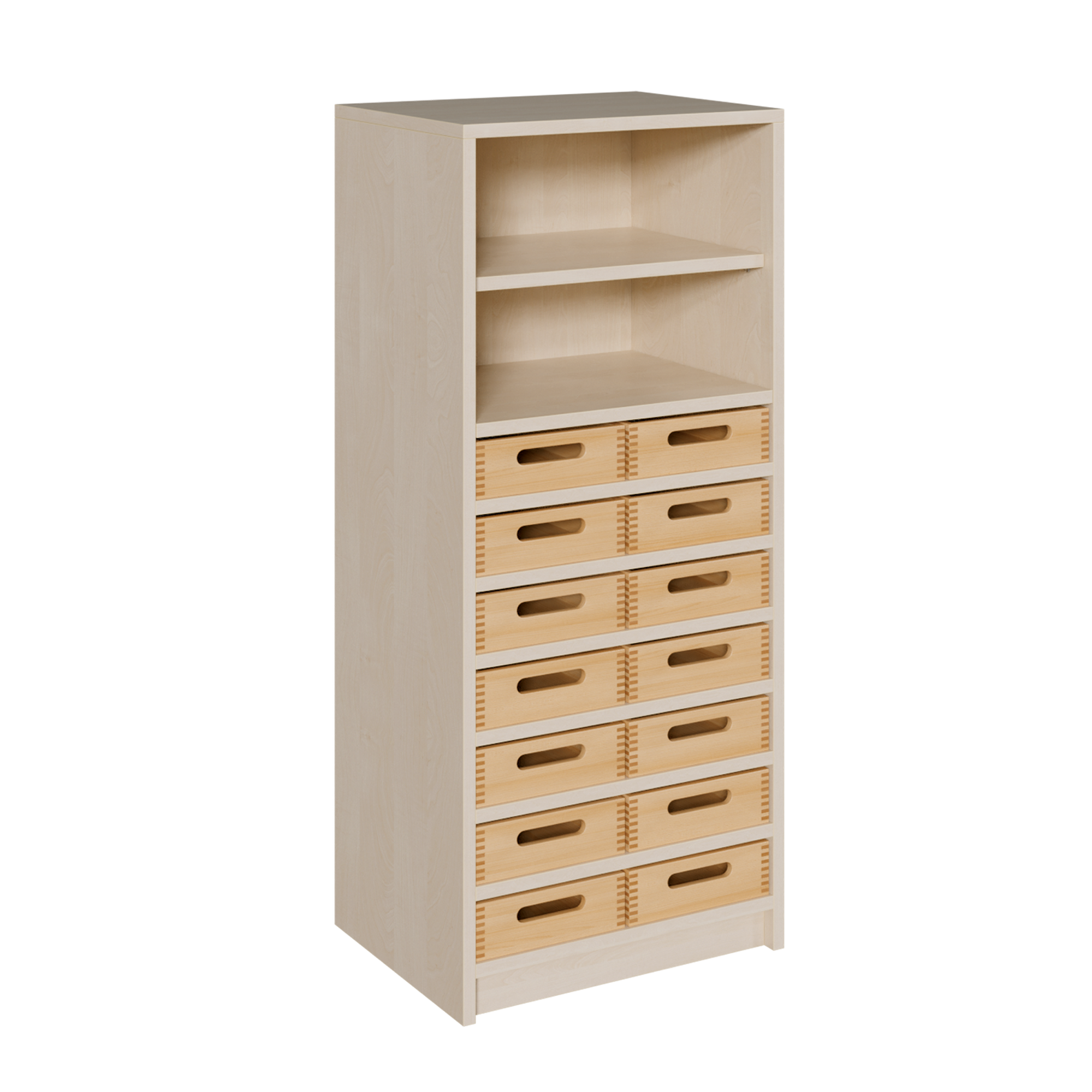 Korpus-Regal mit flachen Materialkästen und offenen Fächern B/H/T: 52x120x40 cm, 14 flache Massivholz-Kästen, oben Regal mit 2 Fächern