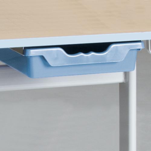 Zweier-Schülertisch 130x55 cm Modell T, Tischplatte Melamin mit ABS- Kante mit transparenter ErgoTray Box, Tischhöhe: 59 cm