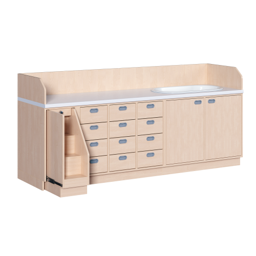 Wickelkommode, vierreihig zuzüglich Badewanne B/H/T: 249x113x71,5 cm, Ausziehbarer Aufstieg links, 12 Schübe und Badewanne rechts