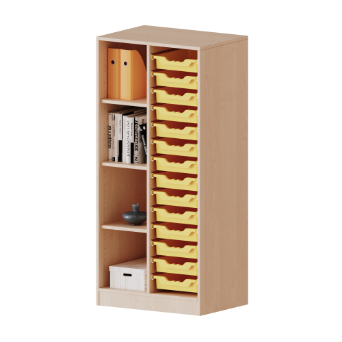 ErgoTray Regal, zweireihig, 4 Ordnerhöhen - evo180 Serie B/H/T: 70,3x154x40 cm, mit Sockel (81 mm), links 4 Fächer, rechts 14 flache ErgoTray Boxen