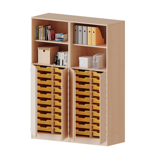 ErgoTray Kombi-Schrank, vierreihig, zweiteilig, 5 Ordnerhöhen - evo180 Serie B/H/T: 140,6x190x50 cm, unten 3 OH Türen und 40 flache ErgoTray Boxen, oben 2 OH Regal, mit Sockel (81 mm), mit Mittelwand