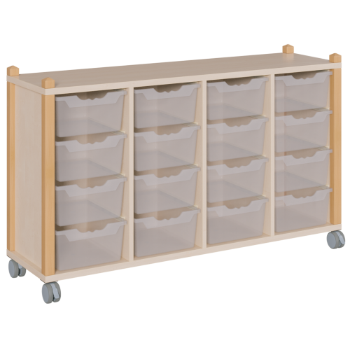 fahrbares Regal in Stollenbauweise B/H/T: 143,3x82,5x40 cm, in 4 Reihen 16 hohe ErgoTray-Boxen