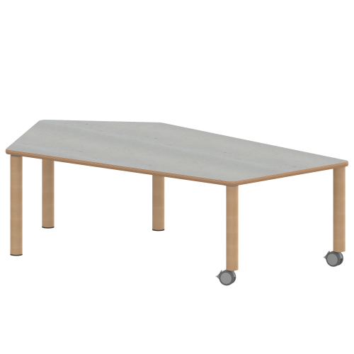 Tisch ZALOTTI mit Linoleum-Belag Fünfecktisch-groß, B/H/T: 185x41x104 cm, Massivholzbeine Ø 60 mm, Fußvariante: fahrbar