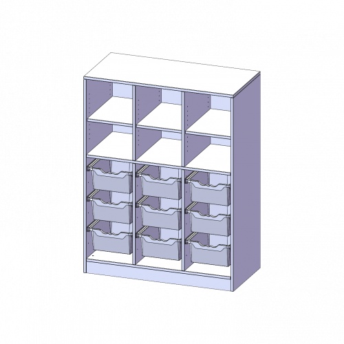 ErgoTray Regal, dreireihig, 3,5 Ordnerhöhen - evo180 Serie B/H/T: 104,5x136x50 cm, mit Sockel (81 mm), unten 9 hohe, oben 6 Fächer