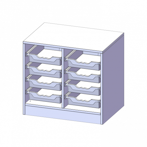ErgoTray Regal, zweireihig, 1,5 Ordnerhöhen - evo180 Serie B/H/T: 70,3x64x50 cm, mit Sockel (81 mm), 8 flache ErgoTray Boxen