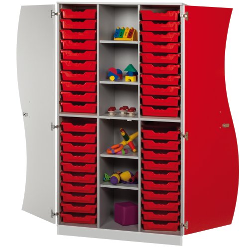 Hochschrank mit Wellentüren, 40 flache ErgoTray Boxen & 4 Einlegeböden B/H/T: 104,5x190x50 cm, Türen Farbe Blau