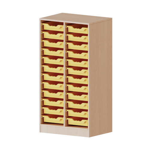 ErgoTray Regal, zweireihig, 3,5 Ordnerhöhen - evo180 Serie B/H/T: 70,3x136x40 cm, mit Sockel (81 mm), 24 flache ErgoTray Boxen