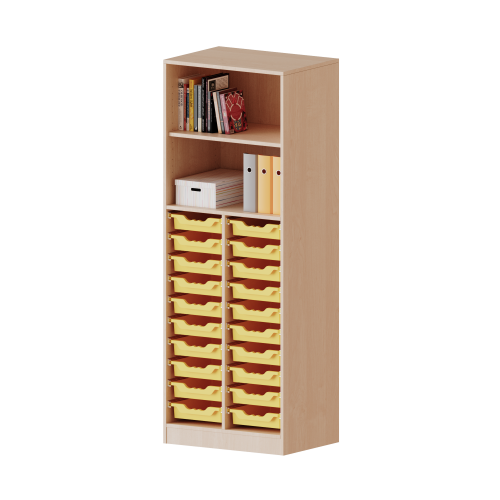 ErgoTray Regal, zweireihig, 5 Ordnerhöhen - evo180 Serie Breite 70,3 cm, Gesamthöhe 190 cm, mit Sockel (81 mm), unten 20 flache ErgoTray Boxen, oben 2 Einlegeböden