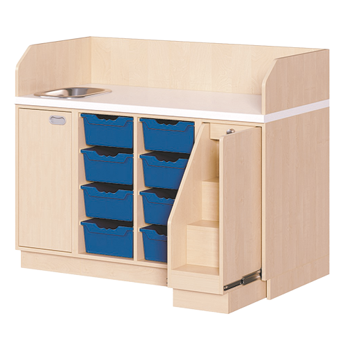 Wickelkommode, dreireihig zuzüglich Waschbecken B/H/T: 143x113x91,5 cm, Ausziehbarer Aufstieg rechts, 8 Boxen und Waschbecken links