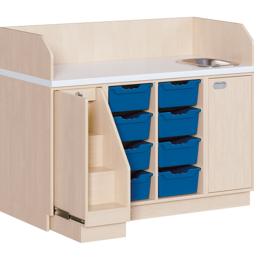 Wickelkommode, dreireihig zuzüglich Waschbecken B/H/T: 143x113x71,5 cm, Ausziehbarer Aufstieg links, 8 Boxen und Waschbecken rechts