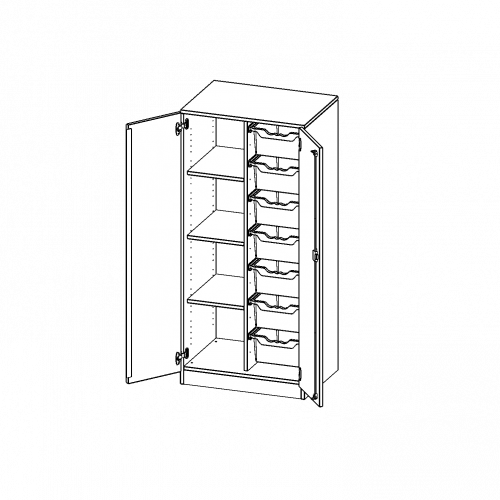 ErgoTray Schrank, zweireihig, 4 Ordnerhöhen - evo180 Serie B/H/T: 70,3x154x50 cm, zweitürig, mit Sockel (81 mm), mit 7 hohen ErgoTray Boxen
