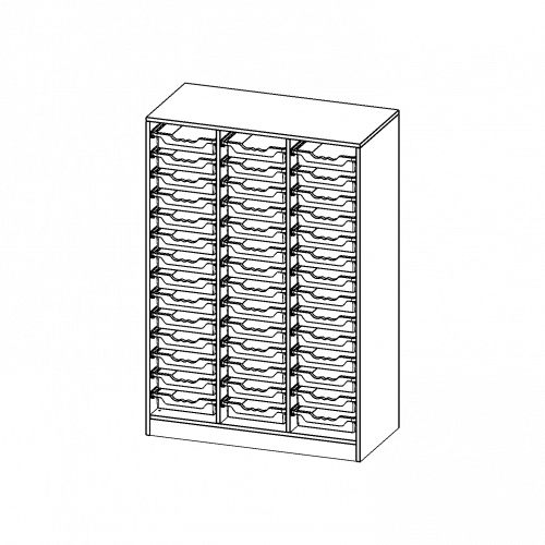 ErgoTray Regal, dreireihig, 4 Ordnerhöhen - evo180 Serie B/H/T: 104,5x154x50 cm, mit Sockel (81 mm), 42 flache ErgoTray Boxen