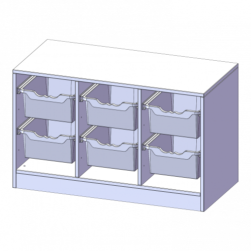 ErgoTray Regal, dreireihig, 1,5 Ordnerhöhen - evo180 Serie B/H/T: 104,5x64x50 cm, mit Sockel (81 mm), 6 hohe ErgoTray Boxen