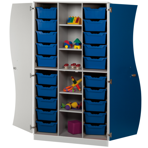Wellentürenschrank Serie WS22MS210 B/H/T: 104,5x190x50 cm, 4 Mittelwände, 4 Einlegeböden, Dekor und Türfarben wählbar, rechte Tür in blau, ErgoTray Boxenfarbe wählbar
