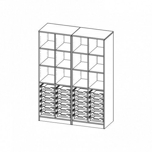 ErgoTray Regal, vierreihig, 5 Ordnerhöhen - evo180 Serie B/H/T: 140,6x190x50 cm, mit Sockel (81 mm), zweiteilig und Mittelwand, unten 24 flache ErgoTray Boxen, oben 8 Einlegeböden
