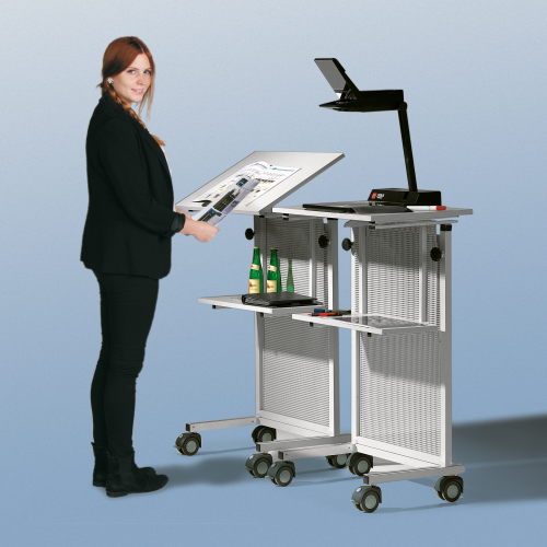 Rednerpult mit Lochblech Frontblende der Serie RP 70 B/H/T: 60x111-133x45 cm, fahrbar