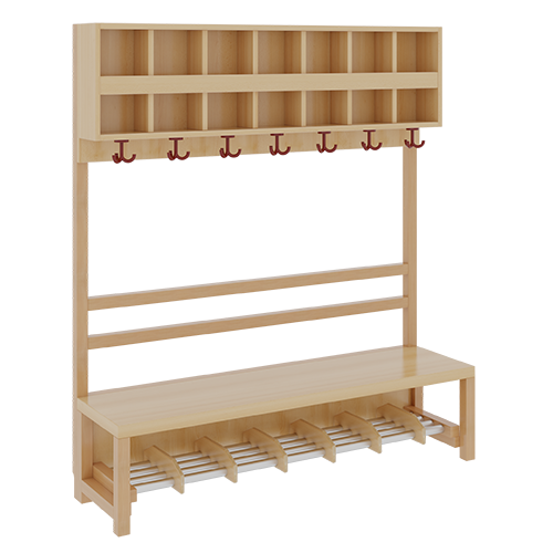 Komplettgarderobe mit doppelter Ablagereihe B/H/T: 140x158x39 cm, 7 Plätze, Sitzhöhe: 34 cm, offene Stütze in Buche-massiv, Schuhrost aus Aluminiumrohren mit Facheinteilungen