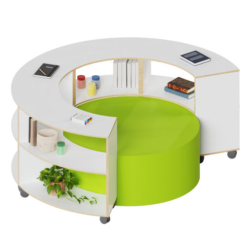 Set aus Sechstelkreisregalen und Sitzelement 4 fahrbare Sechstelkreisregale ohne Rückwand und mittiges Kunstleder-Sitzelement als Set, Dm/H: 197x45/82 cm