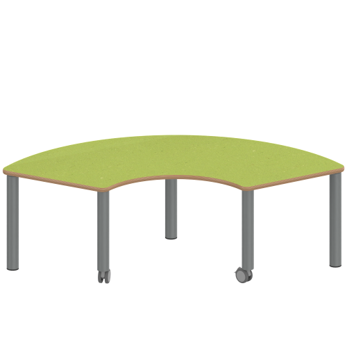 Tisch ZALOTTI mit Linoleum-Belag Drittelkreistisch, B/H/T: 173x25x80 cm, Stahlrohrbeine Ø 60 mm, Fußvariante: fahrbar, Tischbeine mit RAL-Farbe 9006 (weißaluminium)