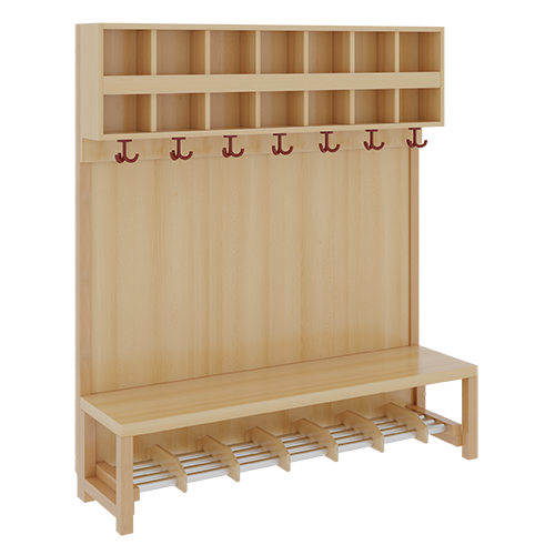 Komplettgarderobe mit doppelter Ablagereihe B/H/T: 140x158x39 cm, 7 Plätze, Sitzhöhe 34 cm, Stütze mit Paneelrückwand, Schuhrost aus Aluminiumrohren mit Trennungen