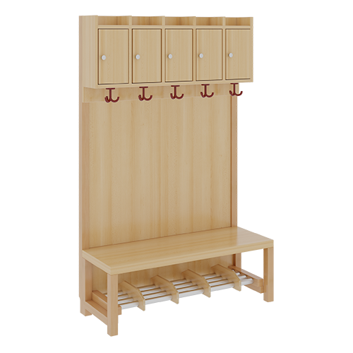 Komplettgarderobe mit Ablagen und Türen B/H/T: 100x158x39 cm, 5 Plätze, Sitzhöhe: 42 cm, Stütze mit Paneelrückwand, Schuhrost aus Aluminiumrohren mit Facheinteilungen