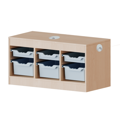 Regal mit flachen und hohen ErgoTray-Boxen, 1 Ordnerhöhe mit Kabelkanal B/H/T: 104,5x56x40 cm, mit zusätzlichem Kabelfach und 3 Kabeldurchlässen, 3 flache und 3 hohe ErgoTray Boxen