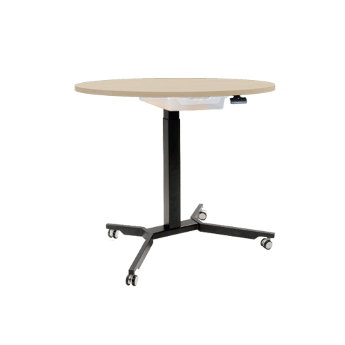Sitz- / Stehtisch mit Schublade und Vollkernplatte DM: 80 cm, Höhe 70-111 cm, fahrbarer und höhenverstellbarer Rundtisch