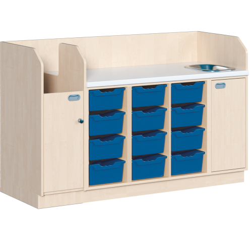 Wickelkommode, vierreihig zuzüglich Waschbecken B/H/T: 179x113x71,5 cm, Integrierter Aufgang links, 12 Boxen und Waschbecken rechts