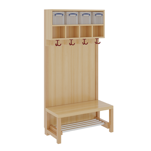 Komplettgarderobe mit doppelter Ablagereihe inklusive Boxen B/H/T: 80x158x39 cm, 4 Plätze, Sitzhöhe: 26 cm, Stütze mit Paneelrückwand, mit Schuhrost aus Aluminiumrohren
