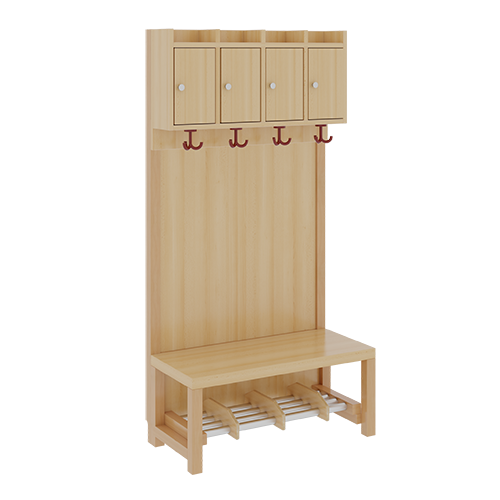 Komplettgarderobe mit Ablagen und Türen B/H/T: 80x158x39 cm, 4 Plätze, Sitzhöhe: 42 cm, Stütze mit Paneelrückwand, Schuhrost aus Aluminiumrohren mit Facheinteilungen