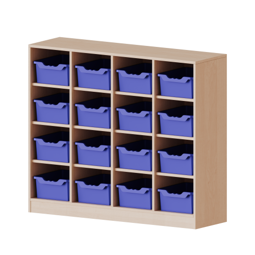Taschenregal, 3 Ordnerhöhen - Serie evo180 B/H/T: 138,7x118x40 cm, 16 halbhohe Fächer, je mit einer hohen ErgoTray Box, mit Sockel (81 mm)