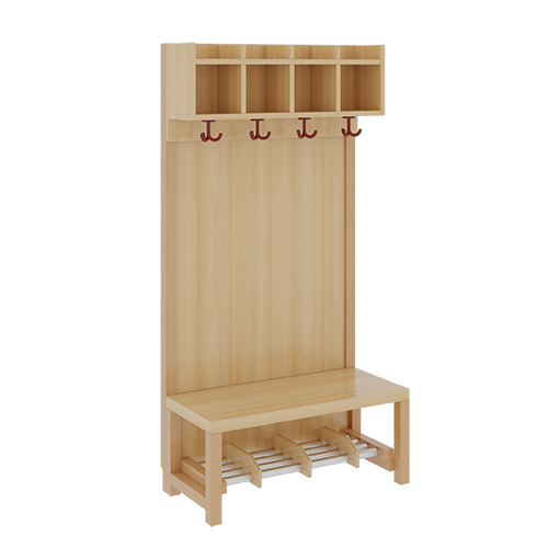 Komplettgarderobe mit einfacher Ablagereihe B/H/T: 80x130x39 cm, 4 Plätze, Sitzhöhe 26 cm, Stütze mit Paneelrückwand, Alurohr-Schuhrost mit Trennungen