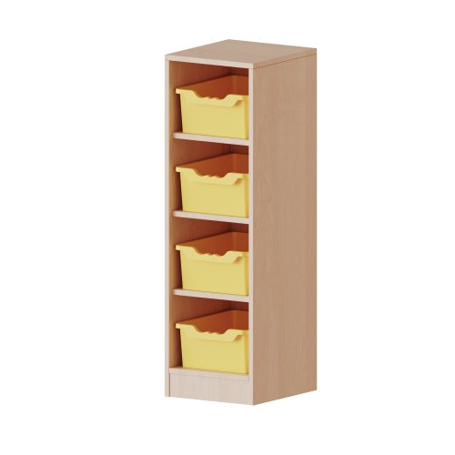 Taschenregal, 3 Ordnerhöhen - Serie evo180 B/H/T: 36,1x118x50 cm, 4 halbhohe Fächer, je mit einer hohen ErgoTray Box, mit Sockel (81 mm)