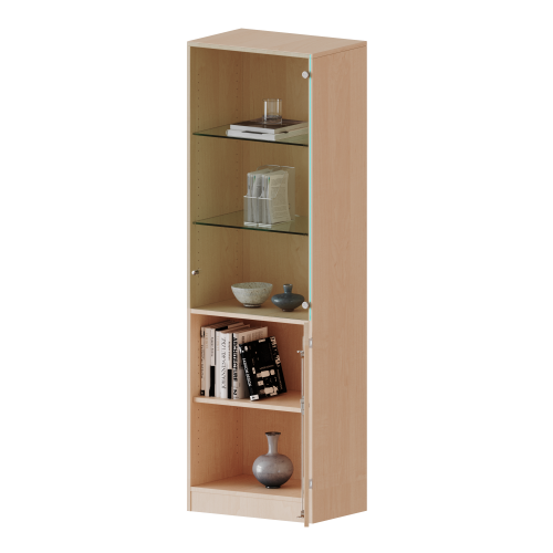 Schrank, 5 Ordnerhöhen, unten Tür (2 OH), oben Vitrinentür (3 OH) - Serie evo180 B/H/T: 60x190x60 cm, 1 geschlossene und 1 Glastür, abschließbar, Türen öffnen nach rechts, Sockel