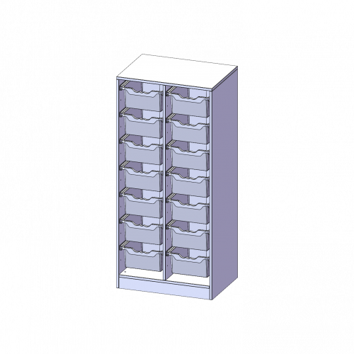 ErgoTray Regal, zweireihig, 4 Ordnerhöhen - evo180 Serie B/H/T: 70,3x154x50 cm, mit Sockel (81 mm), 14 hohe ErgoTray Boxen