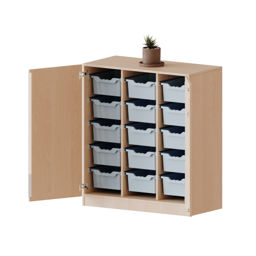 ErgoTray Schrank, dreireihig, 3 Ordnerhöhen - evo180 Serie B/H/T: 104,5x118x50 cm, zweitürig, fahrbar, mit 15 hohen ErgoTray Boxen
