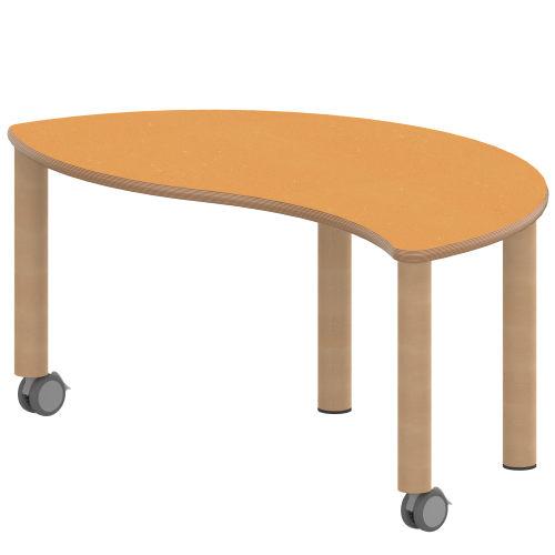 Tisch ZALOTTI mit Linoleum-Belag Halbrund-Wellentisch, B/H/T: 120x25x60 cm, Massivholzbeine Ø 60 mm, Fußvariante: fahrbar