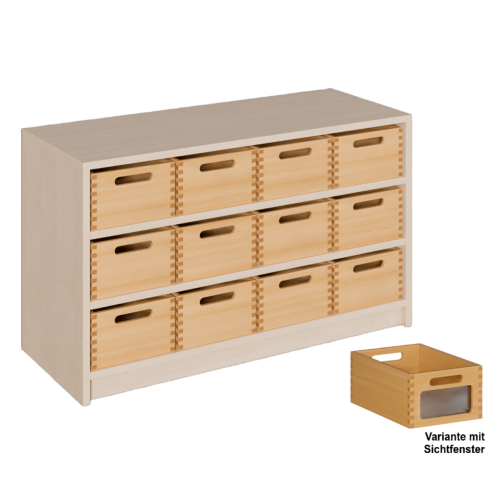 Korpus-Regal mit Materialkästen B/H/T: 102x60x40 cm mit 12 Massivholz-Kästen mit Sichtfenster