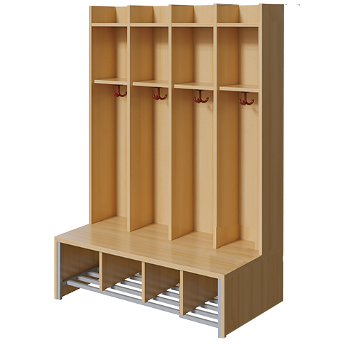 Spindgarderobe offen B/H/T: 110x160x55 cm, 4 Plätze, Bank aus feuerhemmendem Material mit Schuhrost, 3fach-Haken
