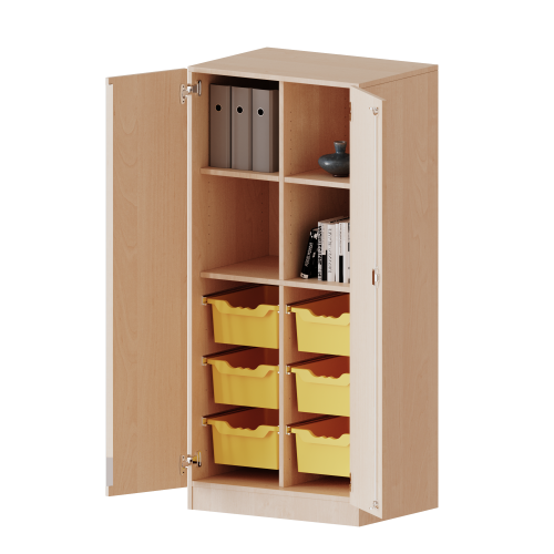 ErgoTray Schrank, zweireihig, 4 Ordnerhöhen - evo180 Serie B/H/T: 70,3x154x50 cm, zweitürig, mit Sockel (81 mm), mit 6 hohen ErgoTray Boxen